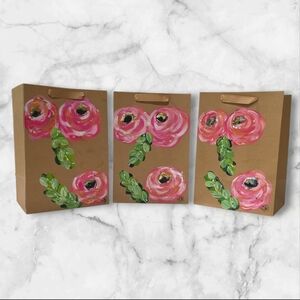 Set Of Three Gift Bags Hand Painted Hand Crafted Pink Floral C64